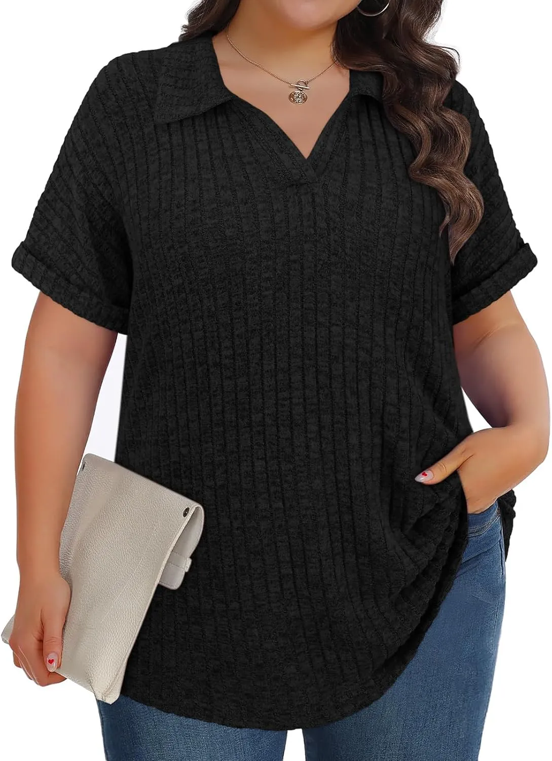 Koscacy Womens Plus Size Tops Short Sleeve Tunic Lapel V Neck Shirts Summer Casual Loose Blouse