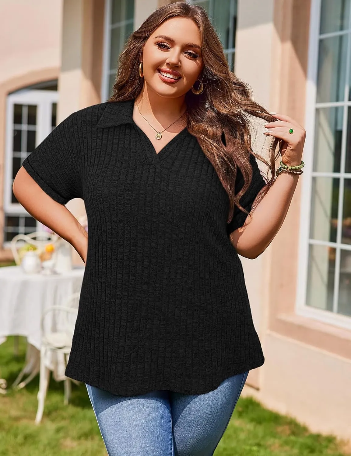 Koscacy Womens Plus Size Tops Short Sleeve Tunic Lapel V Neck Shirts Summer Casual Loose Blouse