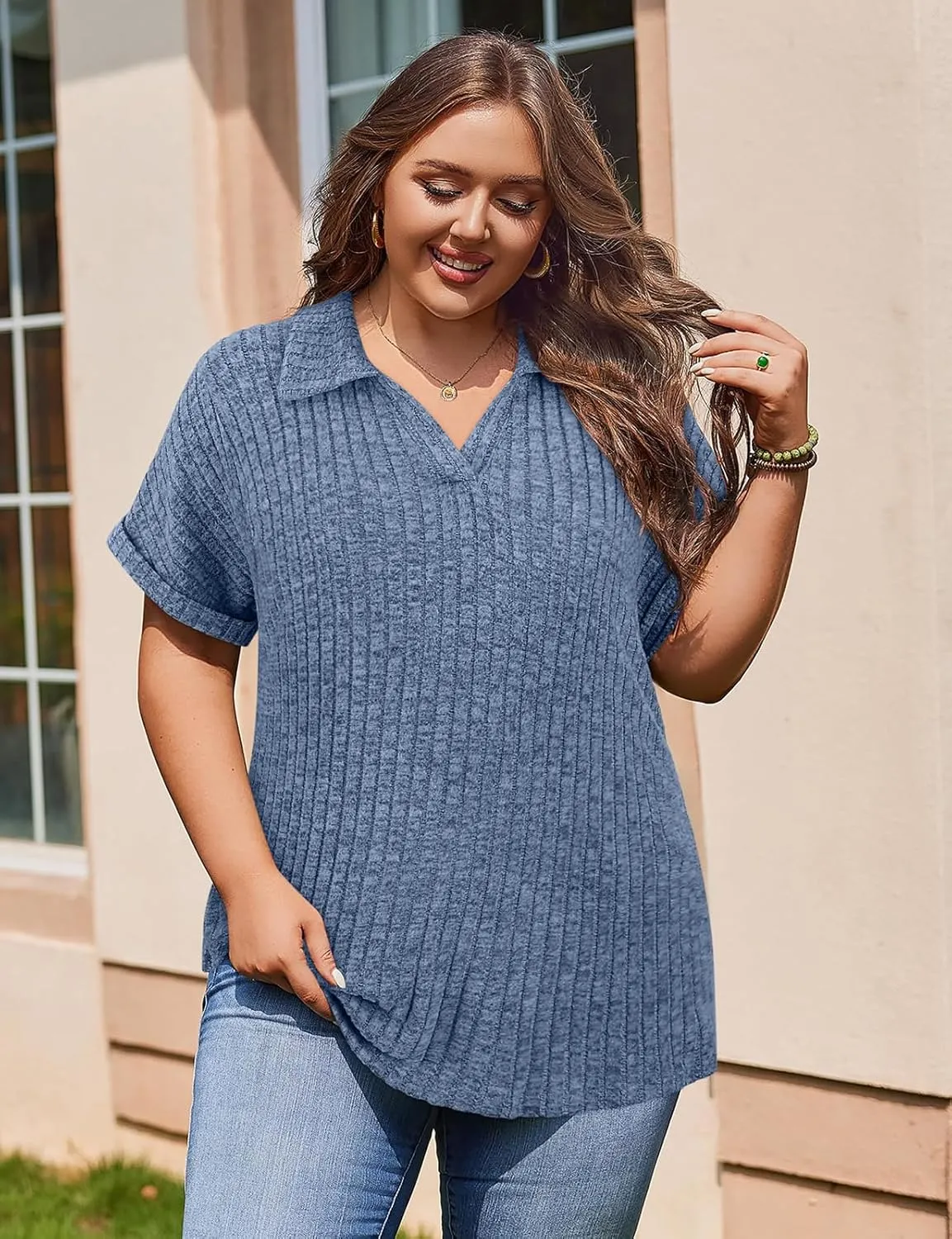 Koscacy Womens Plus Size Tops Short Sleeve Tunic Lapel V Neck Shirts Summer Casual Loose Blouse
