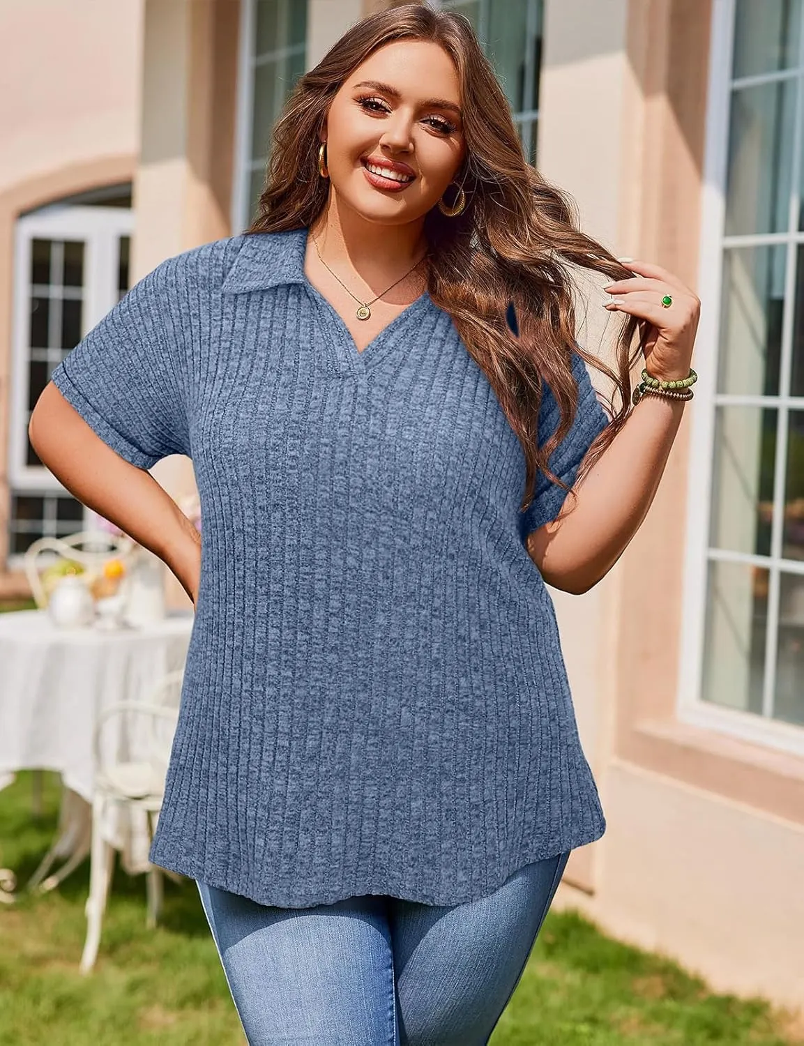 Koscacy Womens Plus Size Tops Short Sleeve Tunic Lapel V Neck Shirts Summer Casual Loose Blouse