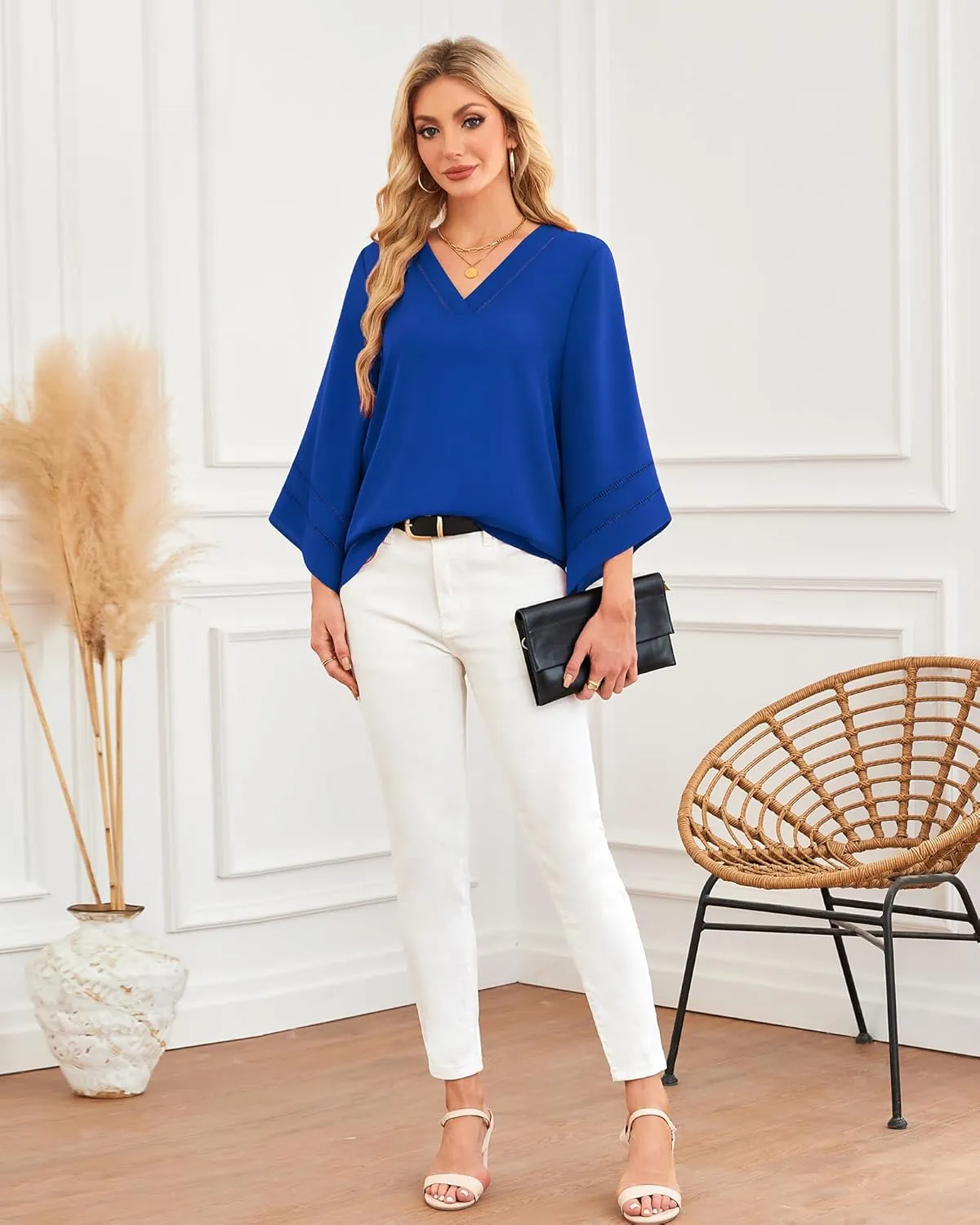 Lotusmile Women Fashion V Neck Chiffon Blouses 3/4 Bell Sleeve Shirts Casual Dressy Work Tops