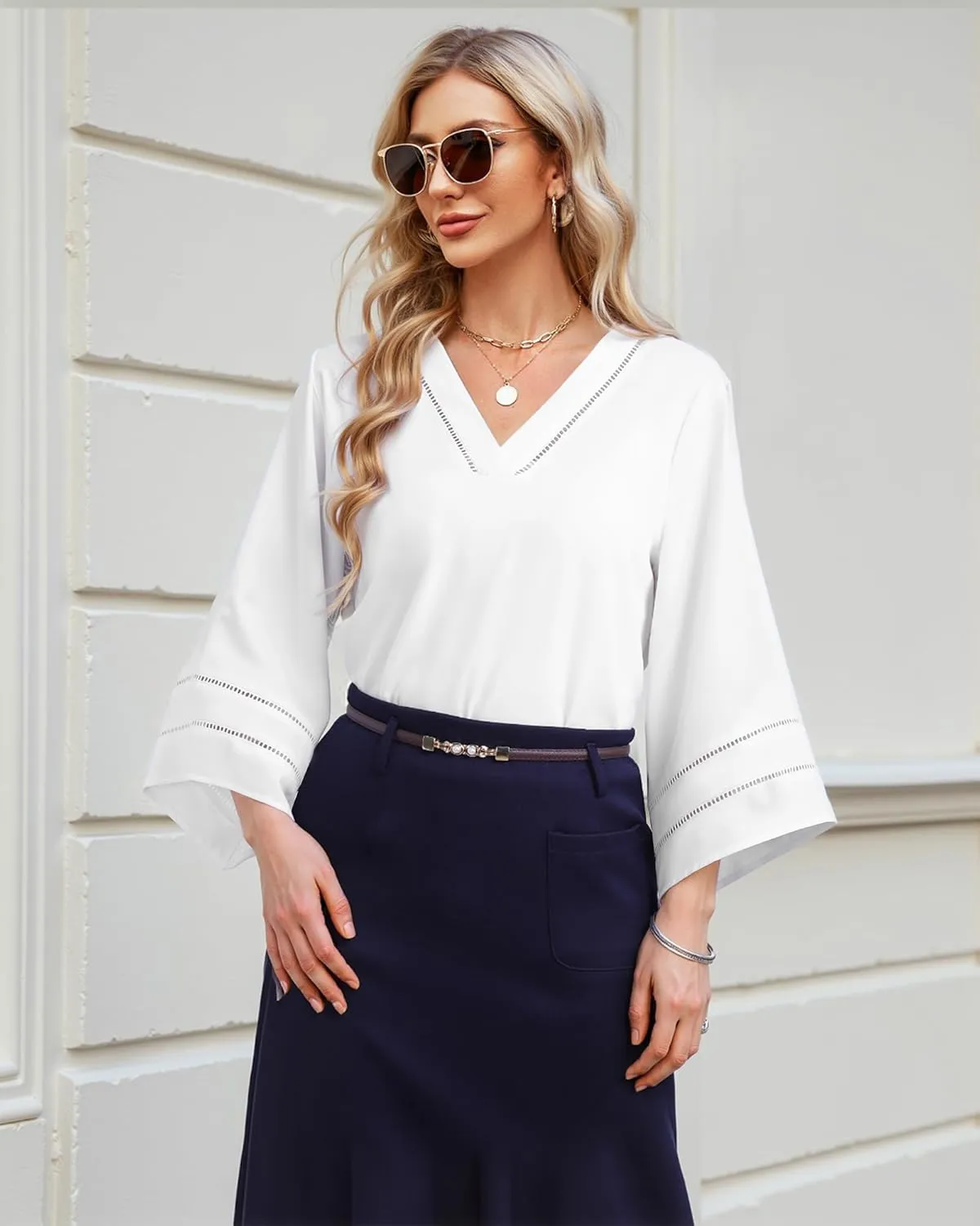 Lotusmile Women Fashion V Neck Chiffon Blouses 3/4 Bell Sleeve Shirts Casual Dressy Work Tops