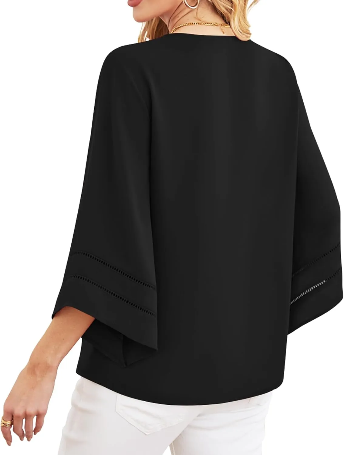 Lotusmile Women Fashion V Neck Chiffon Blouses 3/4 Bell Sleeve Shirts Casual Dressy Work Tops