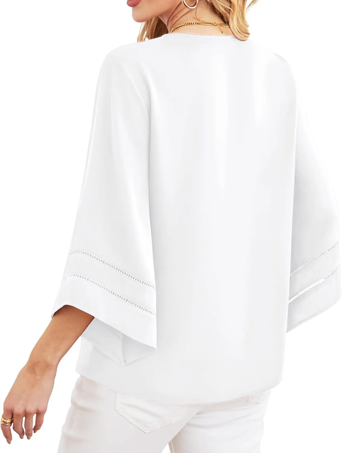 Lotusmile Women Fashion V Neck Chiffon Blouses 3/4 Bell Sleeve Shirts Casual Dressy Work Tops