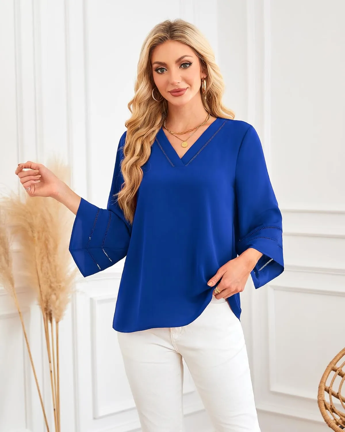 Lotusmile Women Fashion V Neck Chiffon Blouses 3/4 Bell Sleeve Shirts Casual Dressy Work Tops
