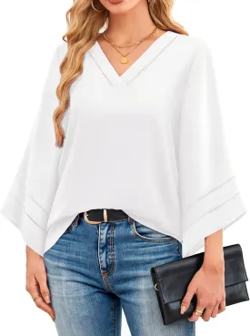Lotusmile Women Fashion V Neck Chiffon Blouses 3/4 Bell Sleeve Shirts Casual Dressy Work Tops