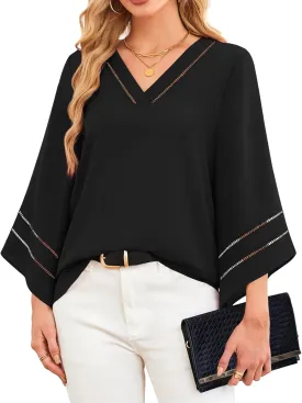 Lotusmile Women Fashion V Neck Chiffon Blouses 3/4 Bell Sleeve Shirts Casual Dressy Work Tops