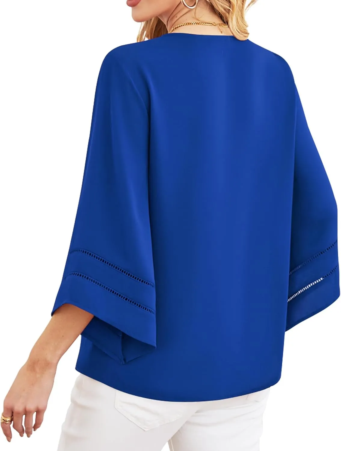 Lotusmile Women Fashion V Neck Chiffon Blouses 3/4 Bell Sleeve Shirts Casual Dressy Work Tops