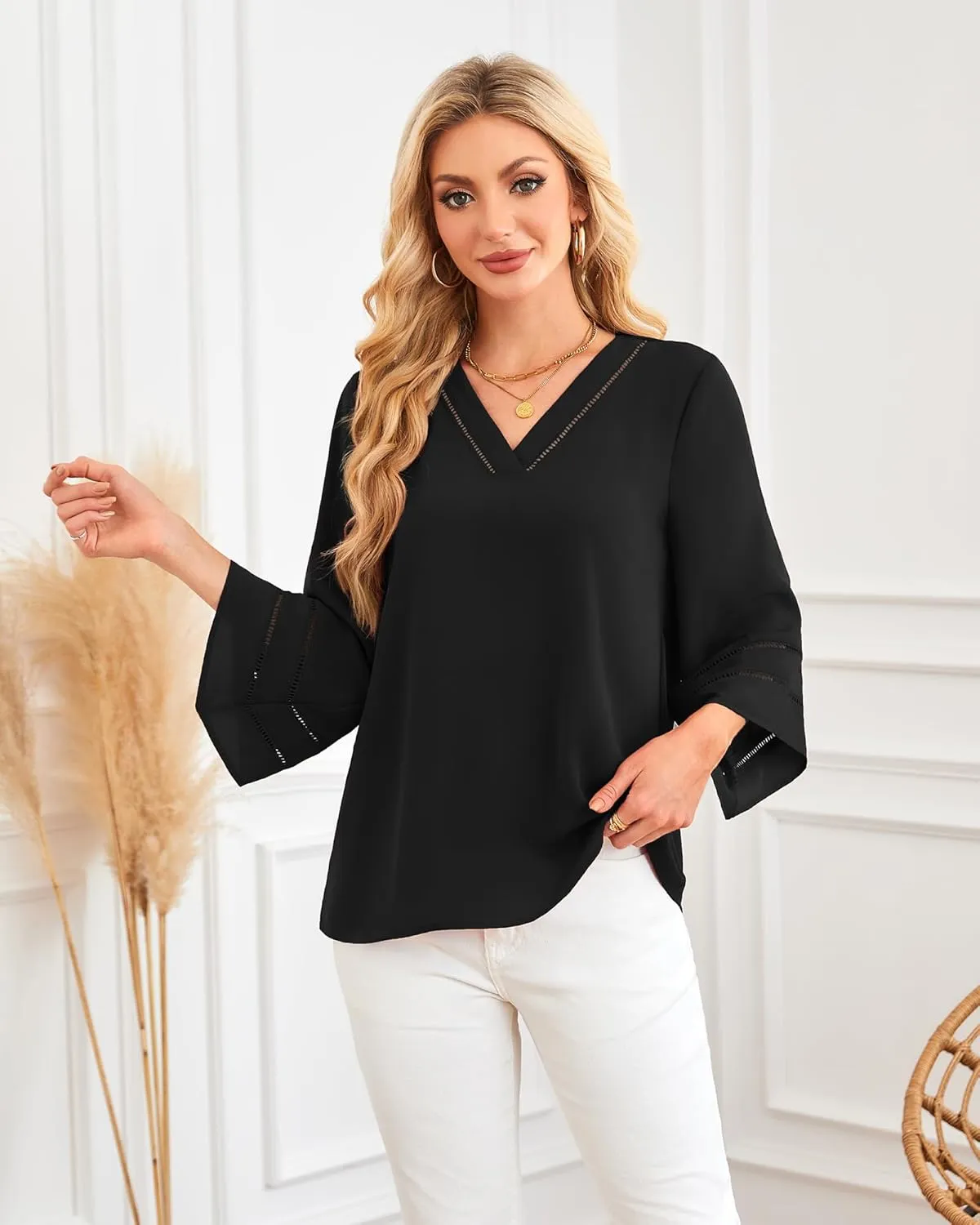 Lotusmile Women Fashion V Neck Chiffon Blouses 3/4 Bell Sleeve Shirts Casual Dressy Work Tops