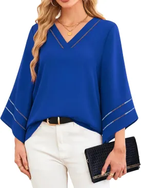 Lotusmile Women Fashion V Neck Chiffon Blouses 3/4 Bell Sleeve Shirts Casual Dressy Work Tops