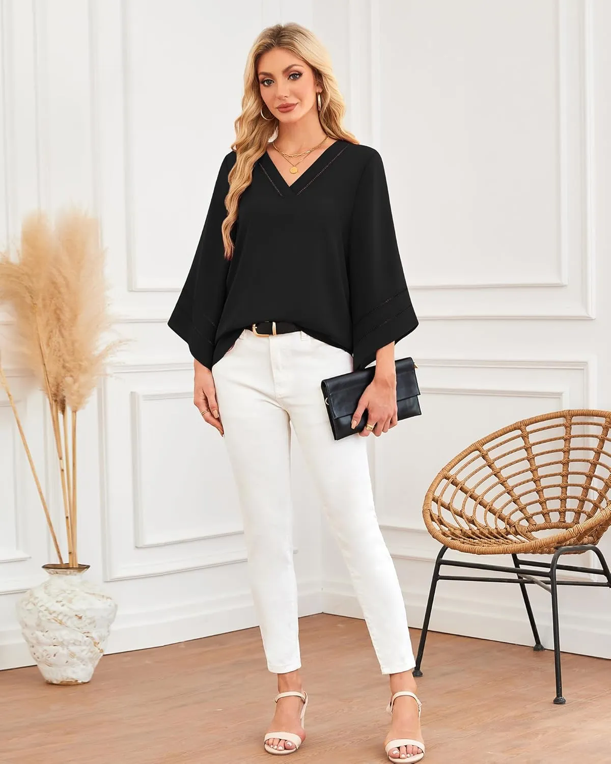 Lotusmile Women Fashion V Neck Chiffon Blouses 3/4 Bell Sleeve Shirts Casual Dressy Work Tops