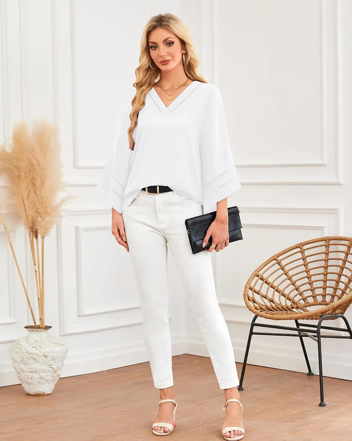 Lotusmile Women Fashion V Neck Chiffon Blouses 3/4 Bell Sleeve Shirts Casual Dressy Work Tops