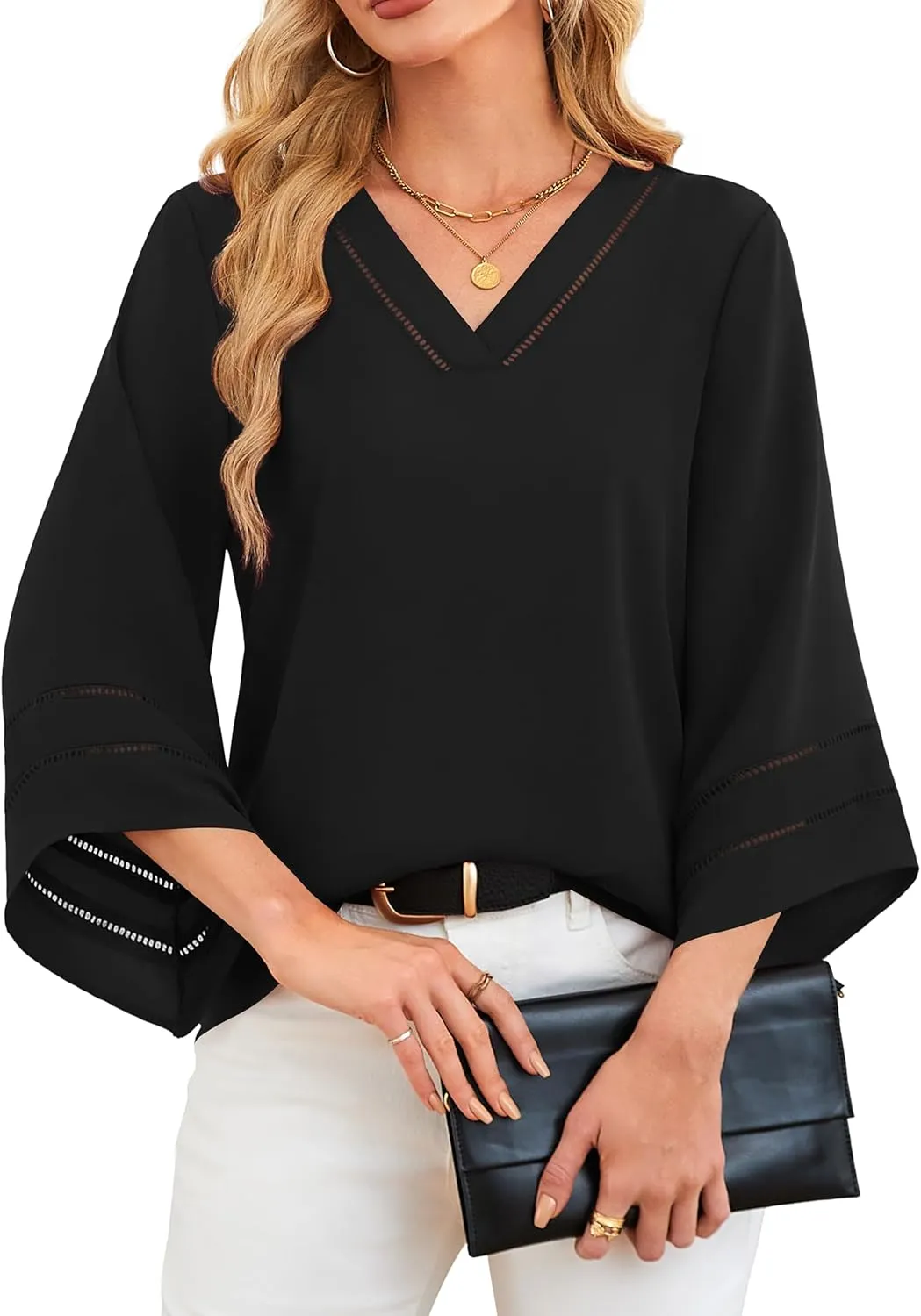 Lotusmile Women Fashion V Neck Chiffon Blouses 3/4 Bell Sleeve Shirts Casual Dressy Work Tops