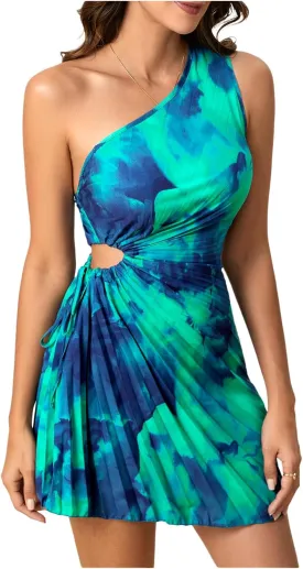 MakeMeChic Women's Summer Dress 2025 Tie Dye One Shoulder Mini Dress Pleated Cut Out Wedding Guest Dresses