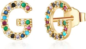 Memorjew Initial Stud Earrings for Women, Hypoallergenic 925 Sterling Silver Post Rainbow Cubic Zirconia Gold Plated 26 Initial Earrings for Women Jewelry Gifts