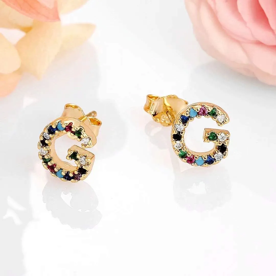 Memorjew Initial Stud Earrings for Women, Hypoallergenic 925 Sterling Silver Post Rainbow Cubic Zirconia Gold Plated 26 Initial Earrings for Women Jewelry Gifts