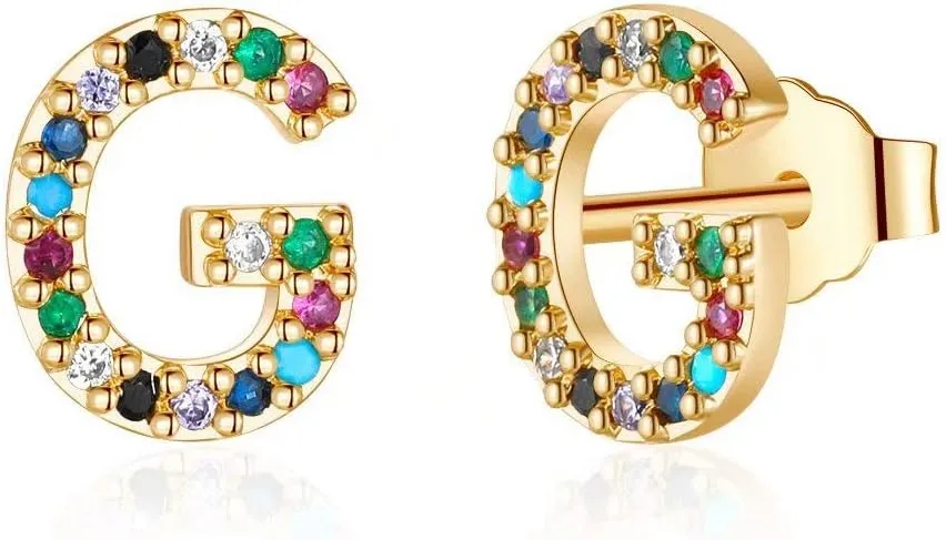 Memorjew Initial Stud Earrings for Women, Hypoallergenic 925 Sterling Silver Post Rainbow Cubic Zirconia Gold Plated 26 Initial Earrings for Women Jewelry Gifts
