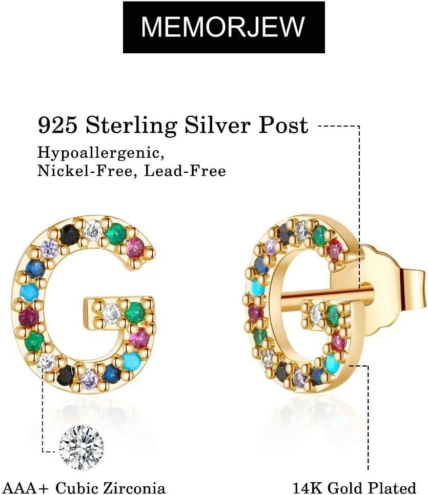 Memorjew Initial Stud Earrings for Women, Hypoallergenic 925 Sterling Silver Post Rainbow Cubic Zirconia Gold Plated 26 Initial Earrings for Women Jewelry Gifts