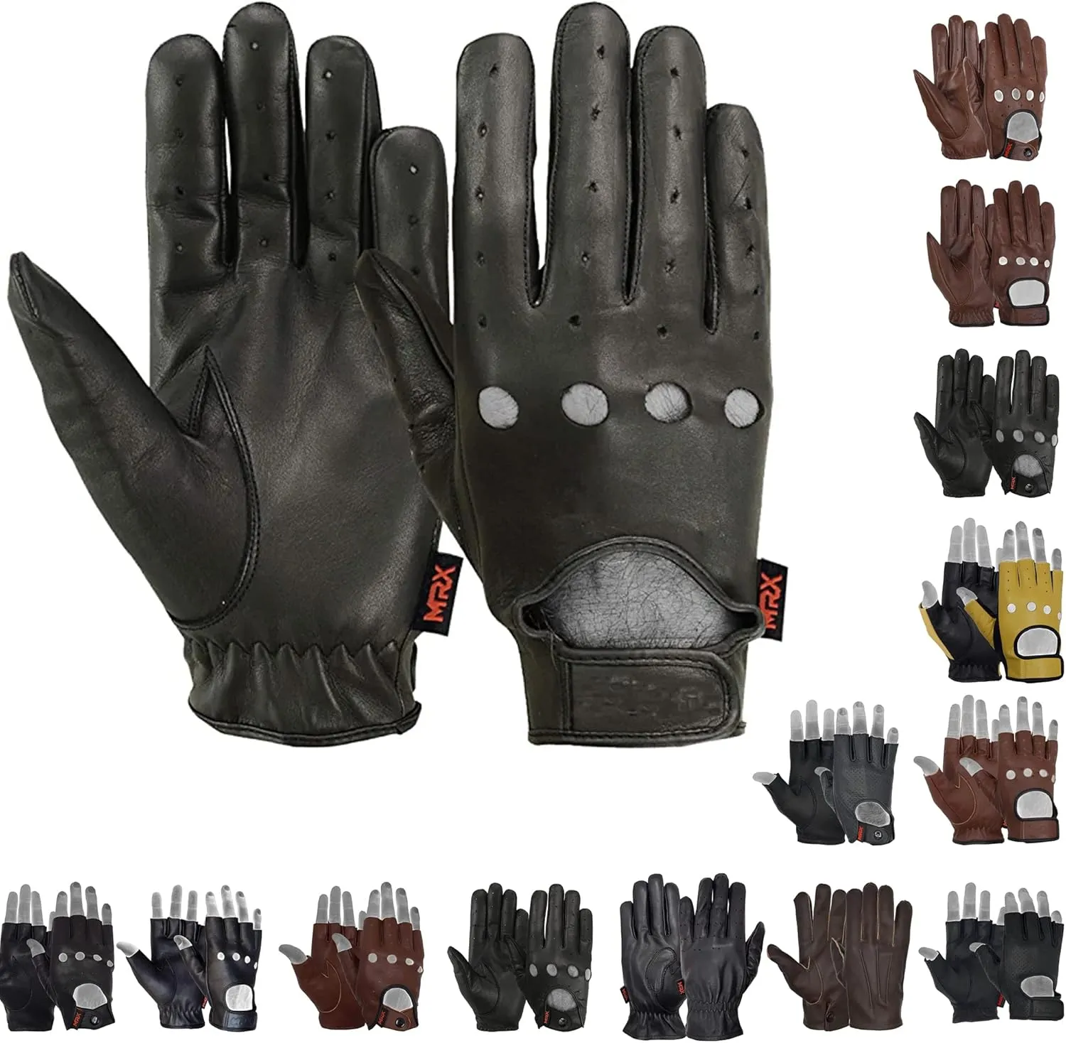 MRX BOXING & FITNESS Mens Driving Gloves Basic Soft Goat Leather Fingerless Breathable Biker Motorcycle Riding Cycling Shooting Button Gloves Full Finger, Black
