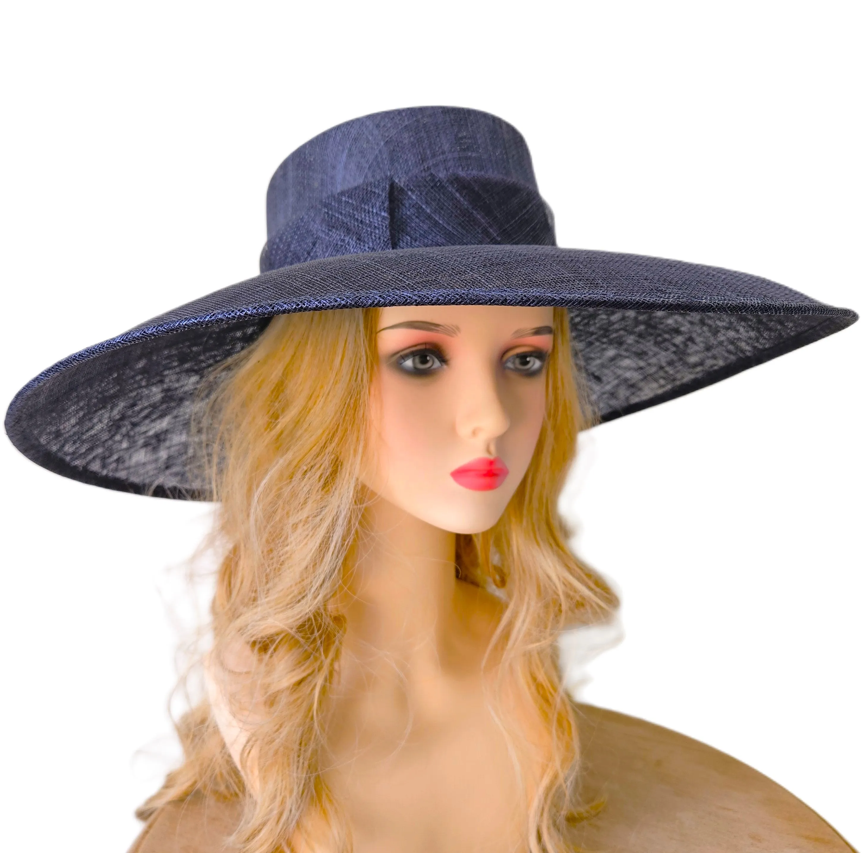 Navy Blue Ascot Hat with Wide Brim - Large Wedding Hats - Ladies Racing Hats - Church Hats for Women