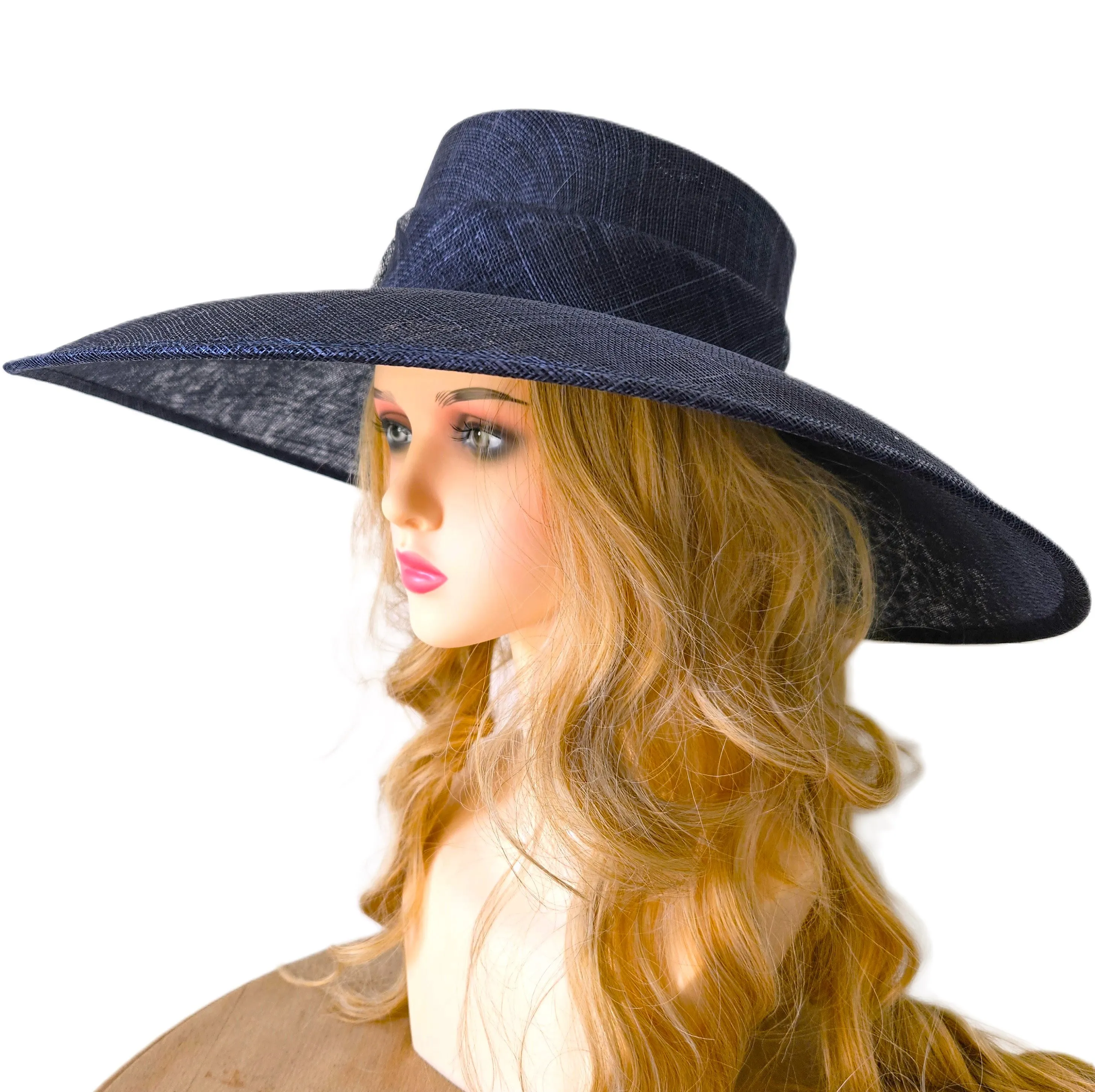 Navy Blue Ascot Hat with Wide Brim - Large Wedding Hats - Ladies Racing Hats - Church Hats for Women