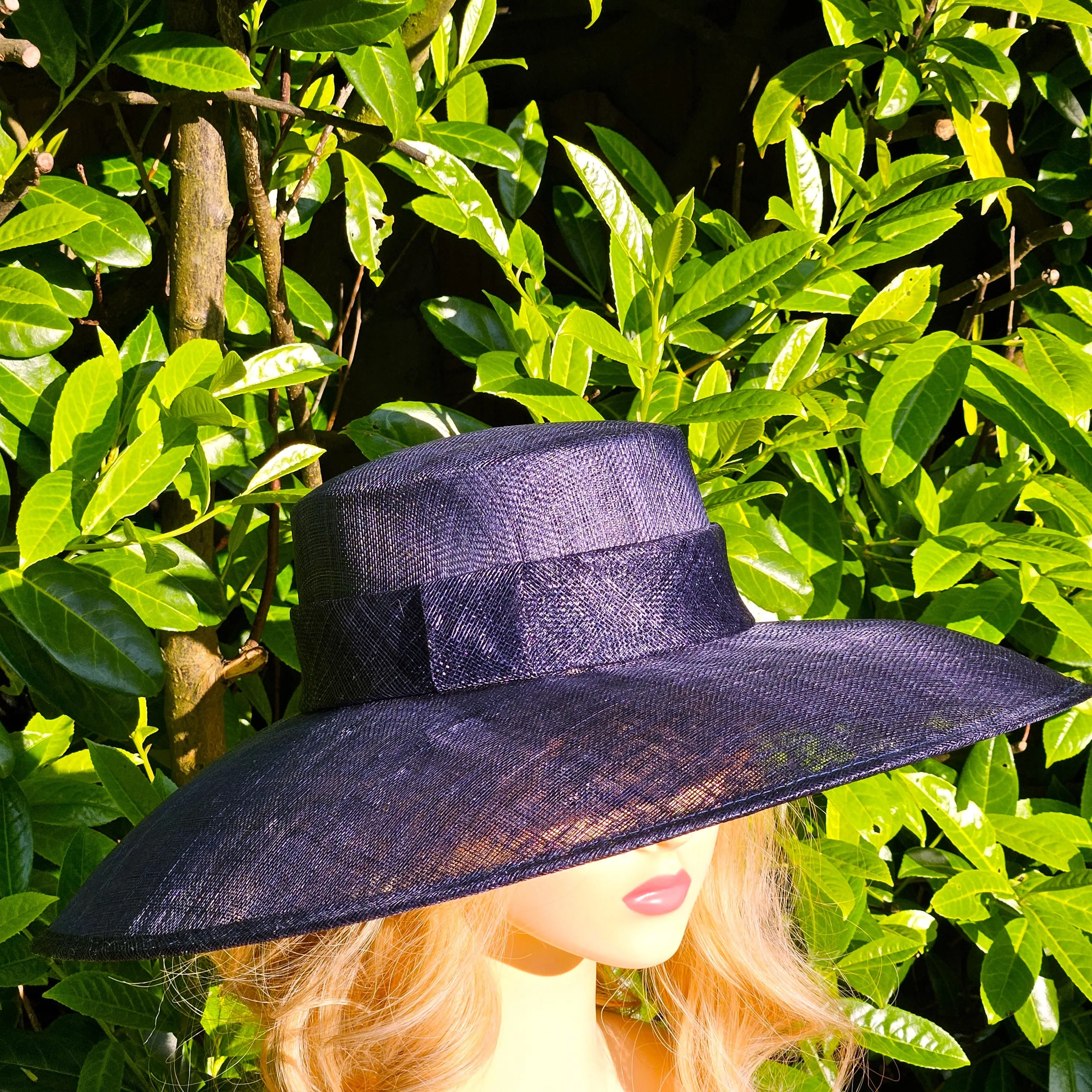 Navy Blue Ascot Hat with Wide Brim - Large Wedding Hats - Ladies Racing Hats - Church Hats for Women