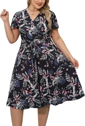 Nemidor Plus Size Dresses for Curvy Women Casual Summer V Neck Short Sleeve Midi Cocktail Vintage Dress with Pocket