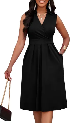 Nmoder Women Summer Dresses Cocktail Midi Dress A-Line Casual Wrap V Neck Sleeveless Pleated Hem Sundress with Pockets