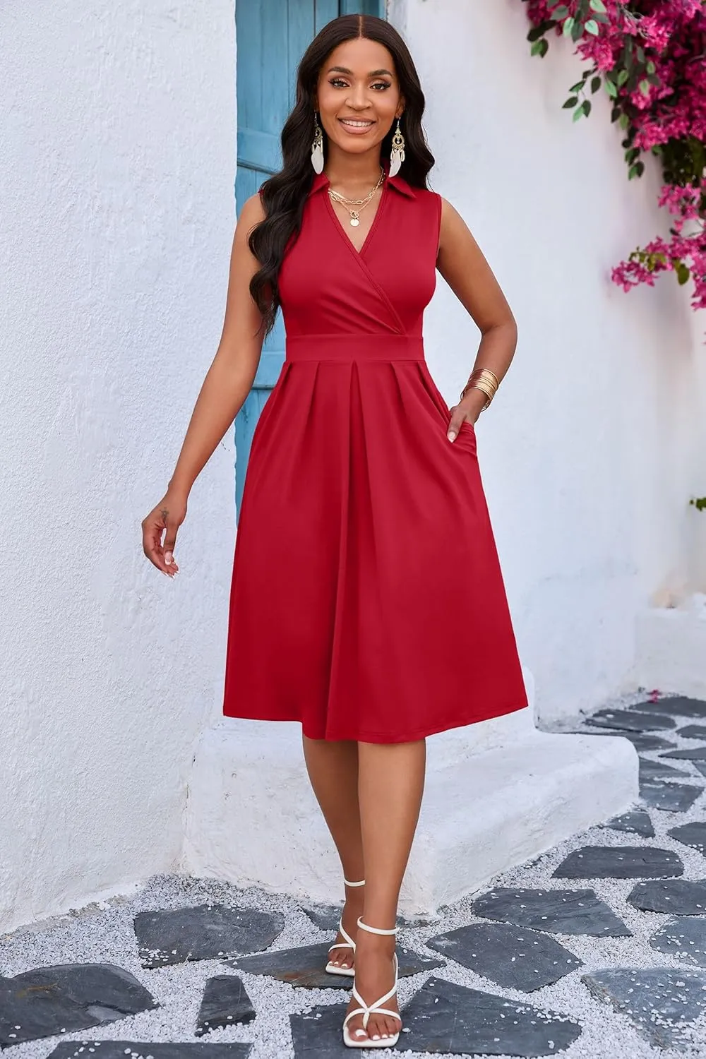 Nmoder Women Summer Dresses Cocktail Midi Dress A-Line Casual Wrap V Neck Sleeveless Pleated Hem Sundress with Pockets