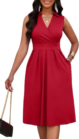 Nmoder Women Summer Dresses Cocktail Midi Dress A-Line Casual Wrap V Neck Sleeveless Pleated Hem Sundress with Pockets
