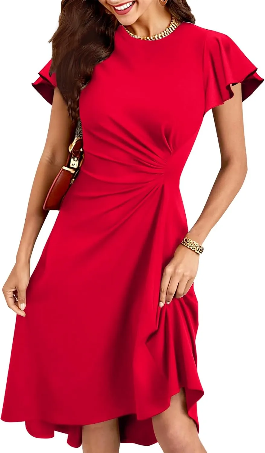 oten Women's 2025 Elegant Ruffle Sleeve Ruched Waist Flowy A Line High Low Midi Cocktail Party Dress
