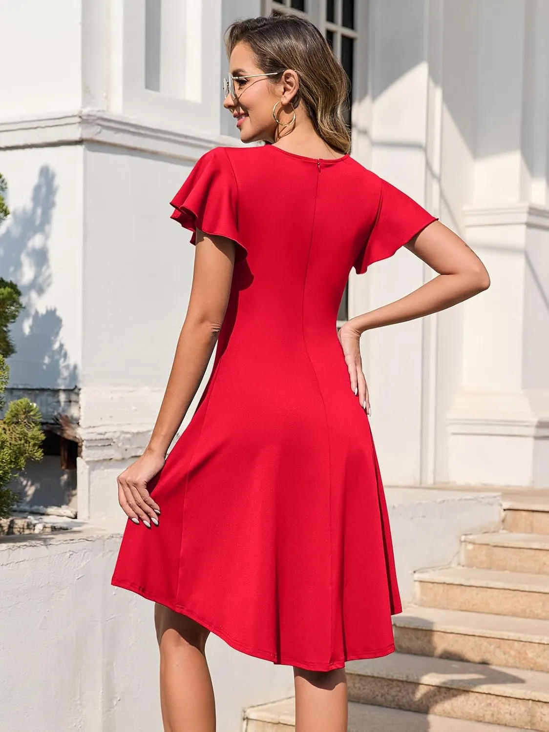 oten Women's 2025 Elegant Ruffle Sleeve Ruched Waist Flowy A Line High Low Midi Cocktail Party Dress