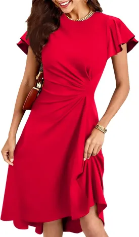 oten Women's 2025 Elegant Ruffle Sleeve Ruched Waist Flowy A Line High Low Midi Cocktail Party Dress