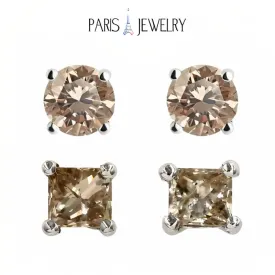 Paris Jewelry 18k White Gold 2 Pair Created Champagne 4mm Round & Princess Cut Stud Earrings Plated
