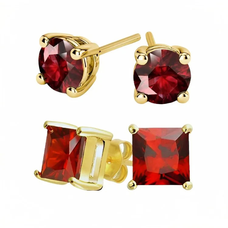 Paris Jewelry 18k Yellow Gold 2 Pair Created Ruby 4mm, 6mm Round & Princess Cut Stud Earrings Plated