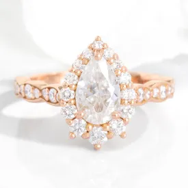 Pear Moissanite Diamond Ring in 14k Rose Gold Tiara Halo Scalloped, Size 4