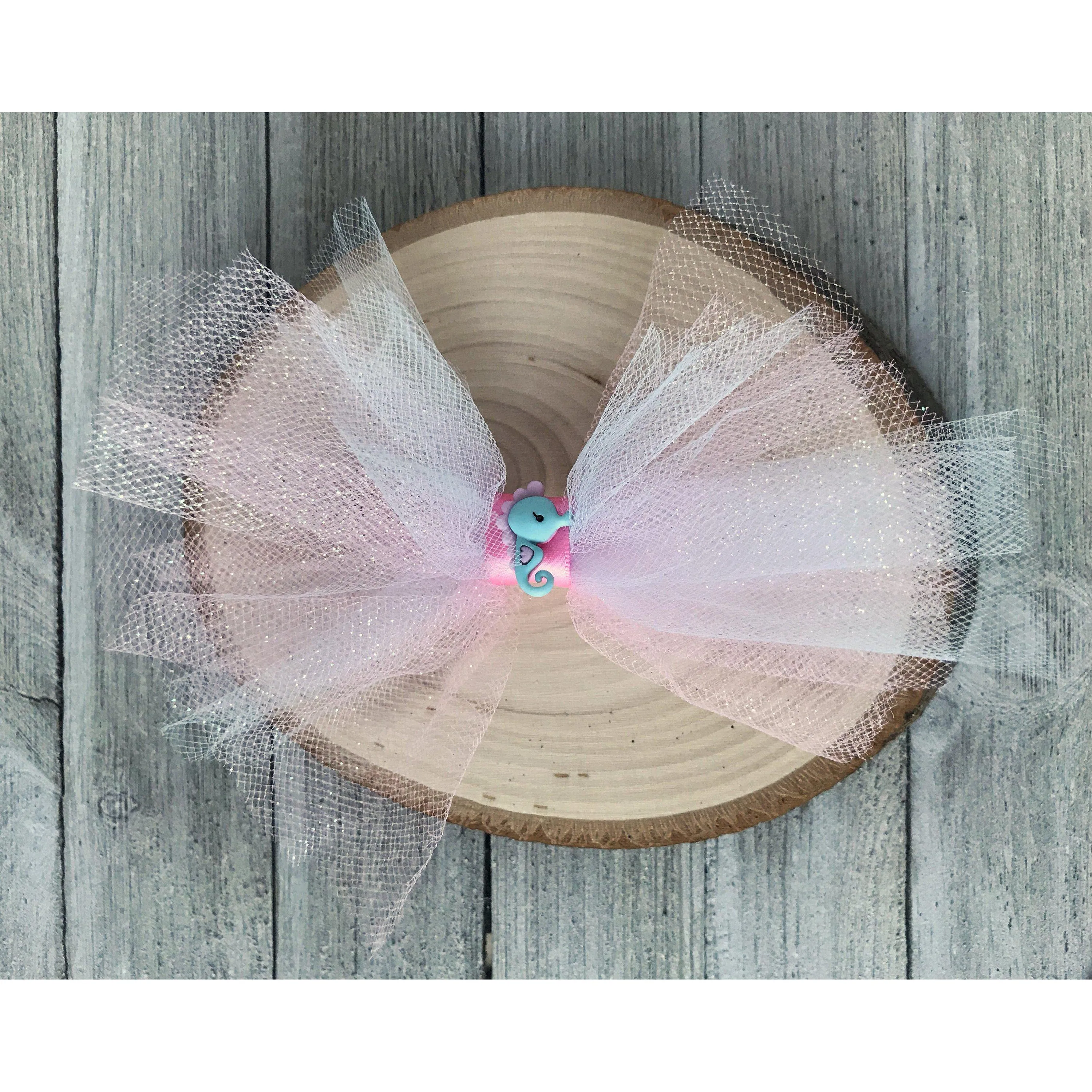 Pink Hair Bow with Blue Seahorse - Whimsical and Playful Hair Accessory