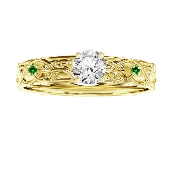 SCOTTISH THISTLE EDINBURGH CELTIC DIAMOND ENGAGEMENT RING WITH PAVE EMERALD