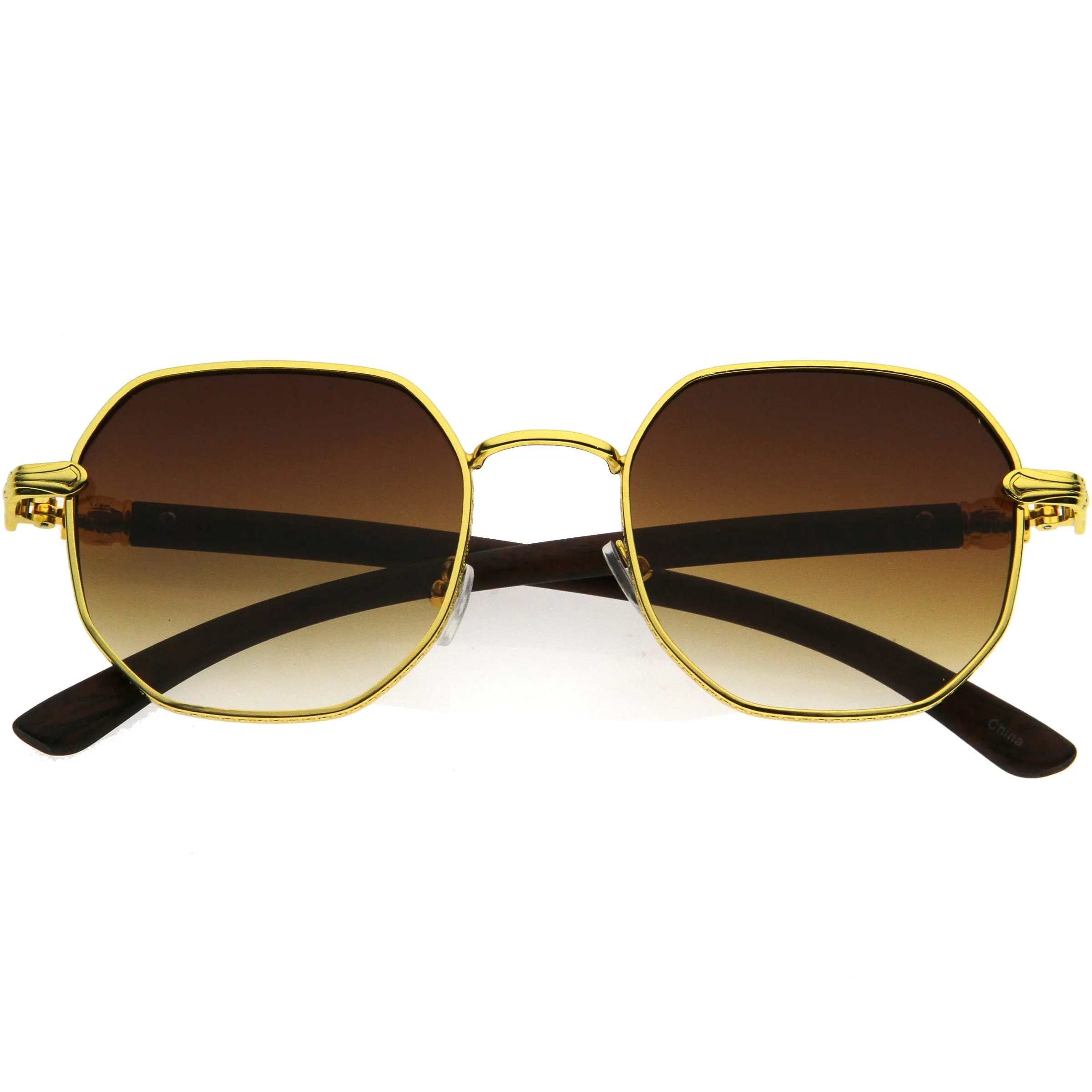Sleek Medium Geometric Wood Detail Round Polygon Sunglasses D309