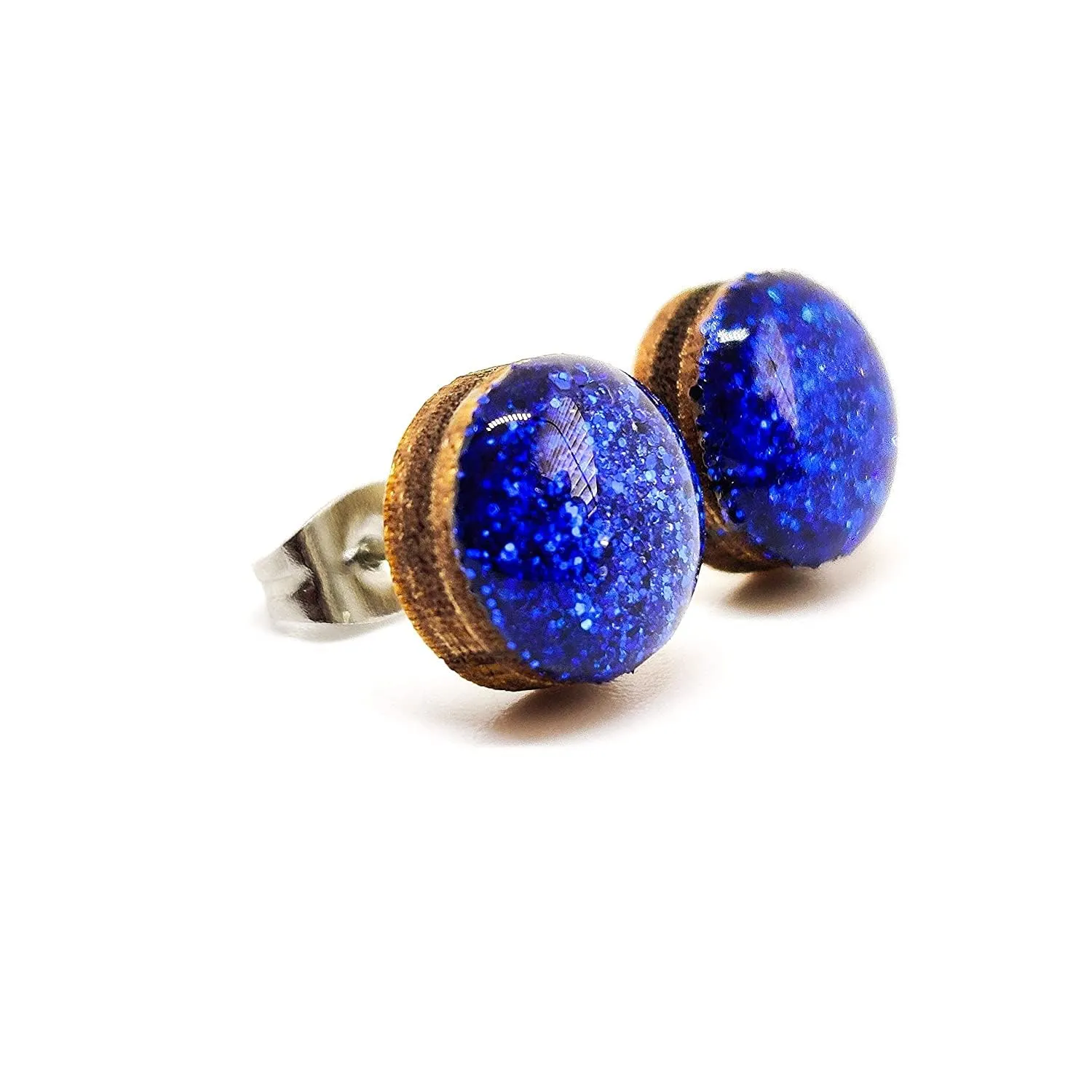 Stud Earrings, Sparkle, 10 mm, Handmade, Stainless Steel Posts for Sensitive Ears, Stud for Women Men Girls (Royal Blue Sparkle)