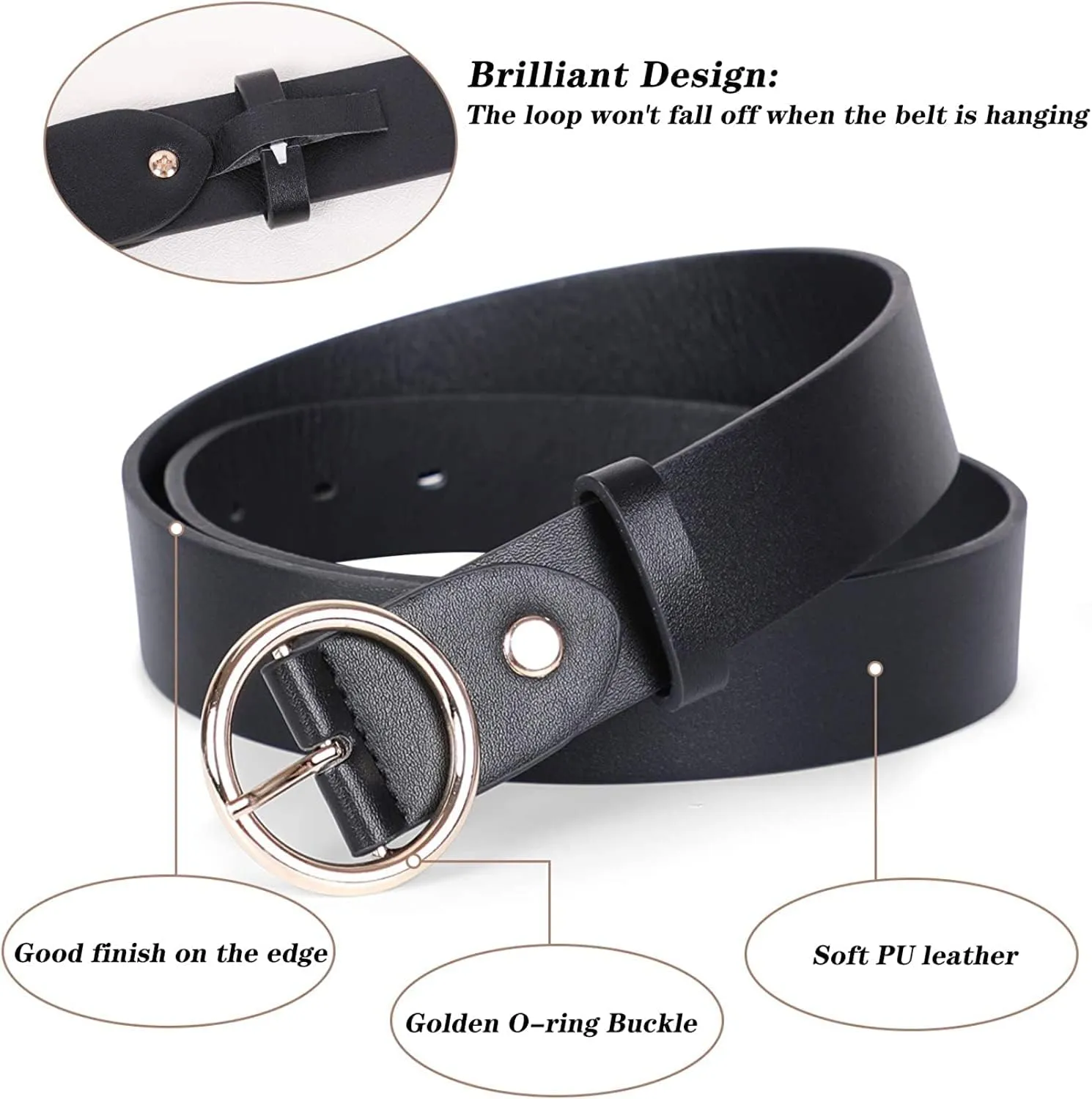 SUOSDEY Women Leather Belt with O-Ring Buckle,Fashion Soft Ladies Waist Belt for Jeans Dresses,1.3" Width