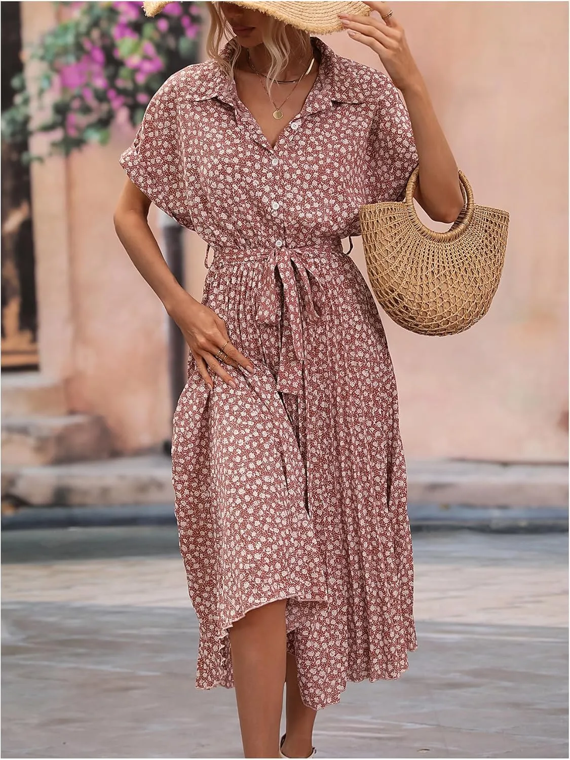 SweatyRocks Women's Floral Print Long Dress Button Front Short Sleeve Pleated Flowy Casual A-line Dresses