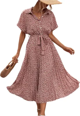 SweatyRocks Women's Floral Print Long Dress Button Front Short Sleeve Pleated Flowy Casual A-line Dresses
