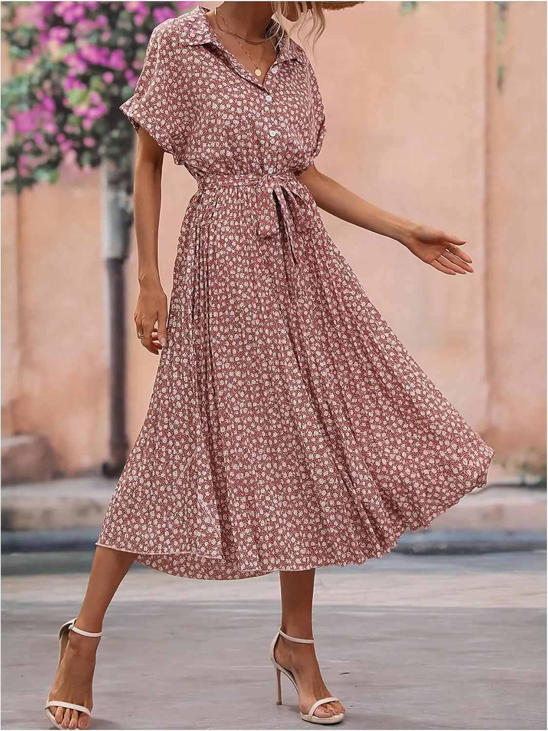 SweatyRocks Women's Floral Print Long Dress Button Front Short Sleeve Pleated Flowy Casual A-line Dresses