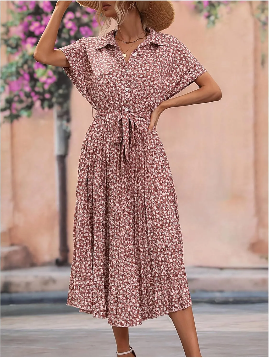 SweatyRocks Women's Floral Print Long Dress Button Front Short Sleeve Pleated Flowy Casual A-line Dresses
