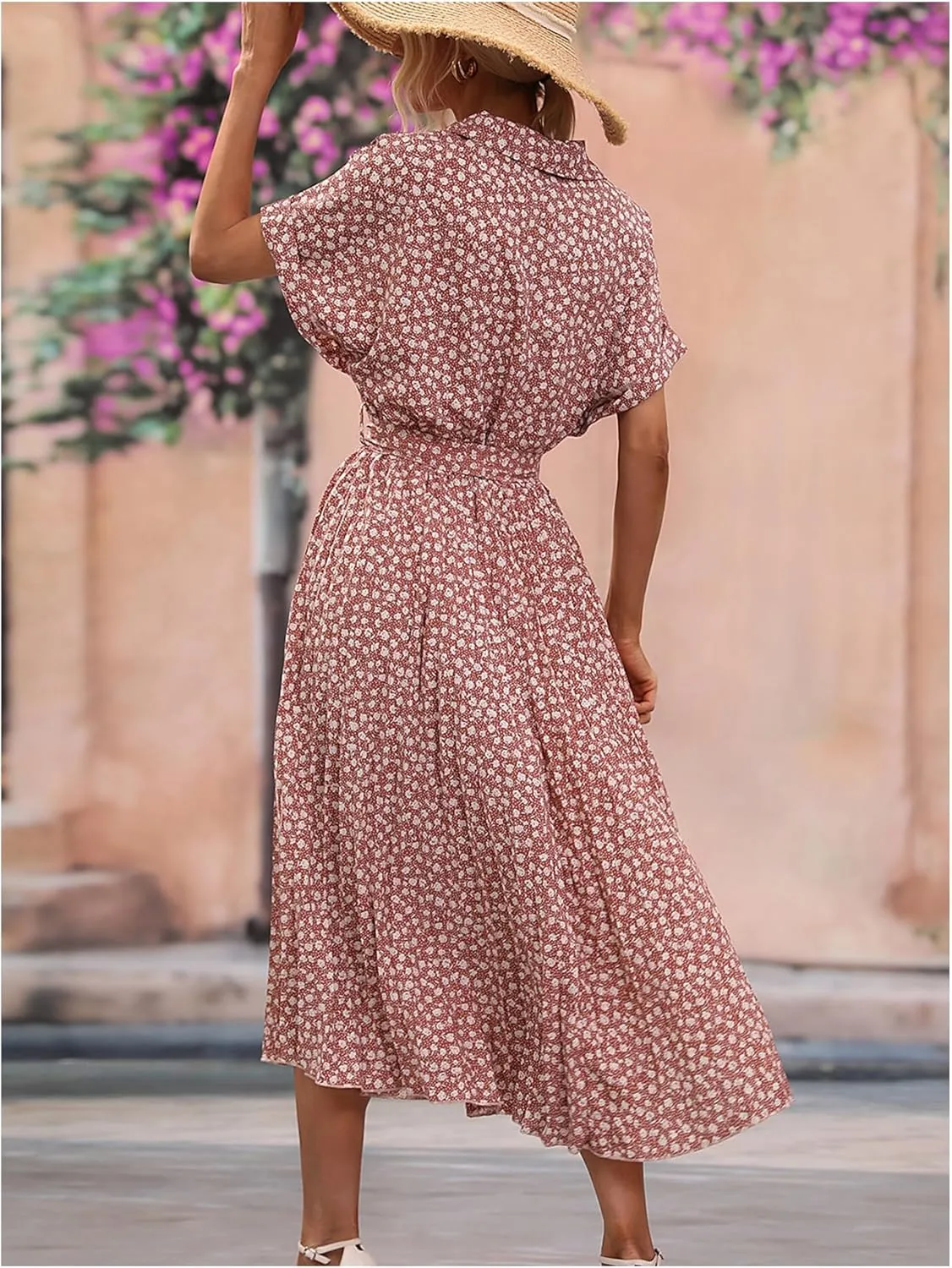 SweatyRocks Women's Floral Print Long Dress Button Front Short Sleeve Pleated Flowy Casual A-line Dresses