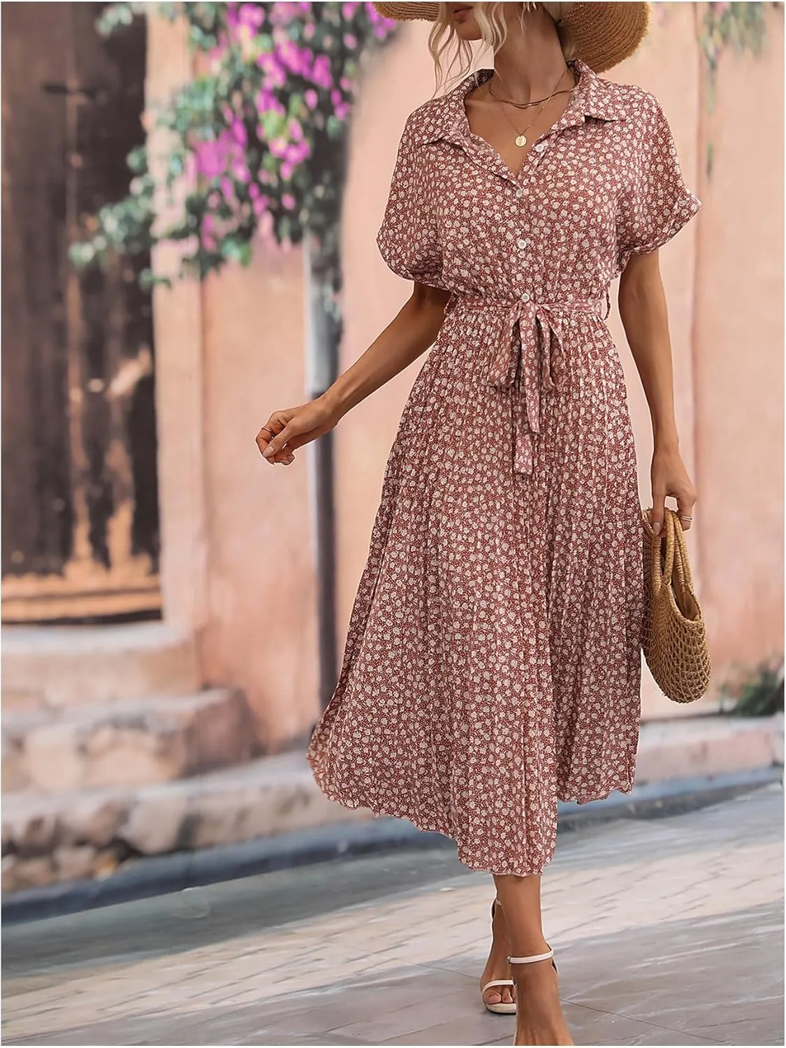 SweatyRocks Women's Floral Print Long Dress Button Front Short Sleeve Pleated Flowy Casual A-line Dresses