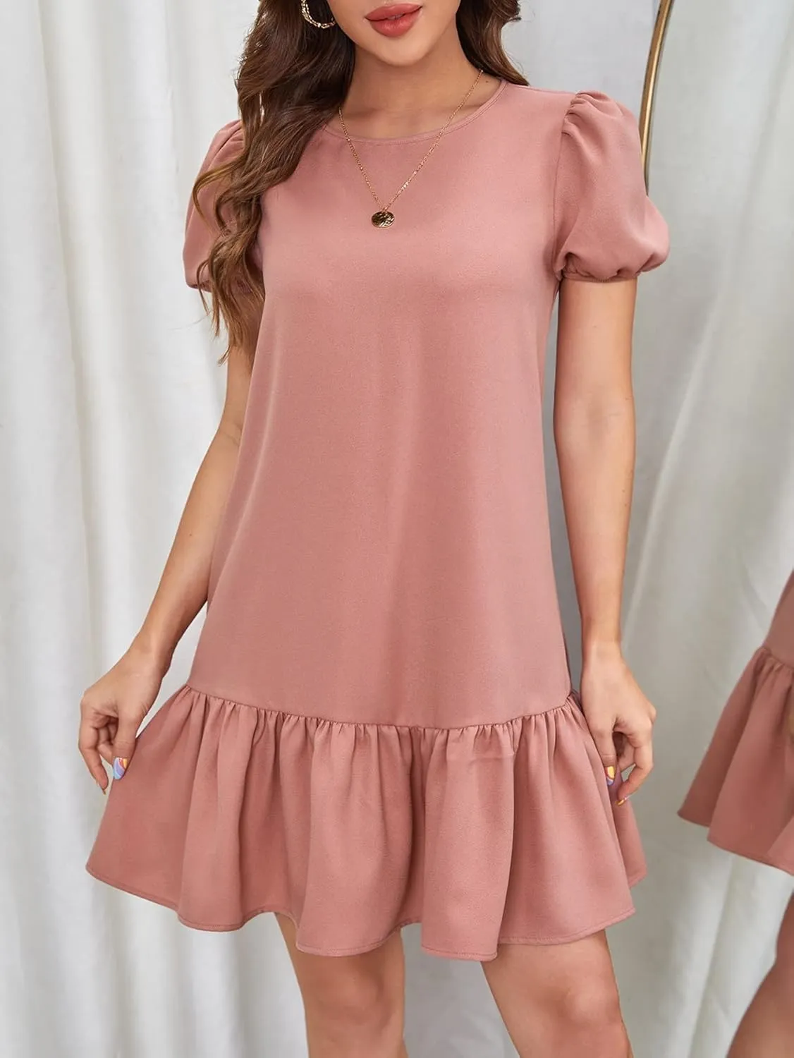 SweatyRocks Women's Short Puff Sleeve Ruffle Hem Mini Dress Casual Round Neck Solid Smock Dress