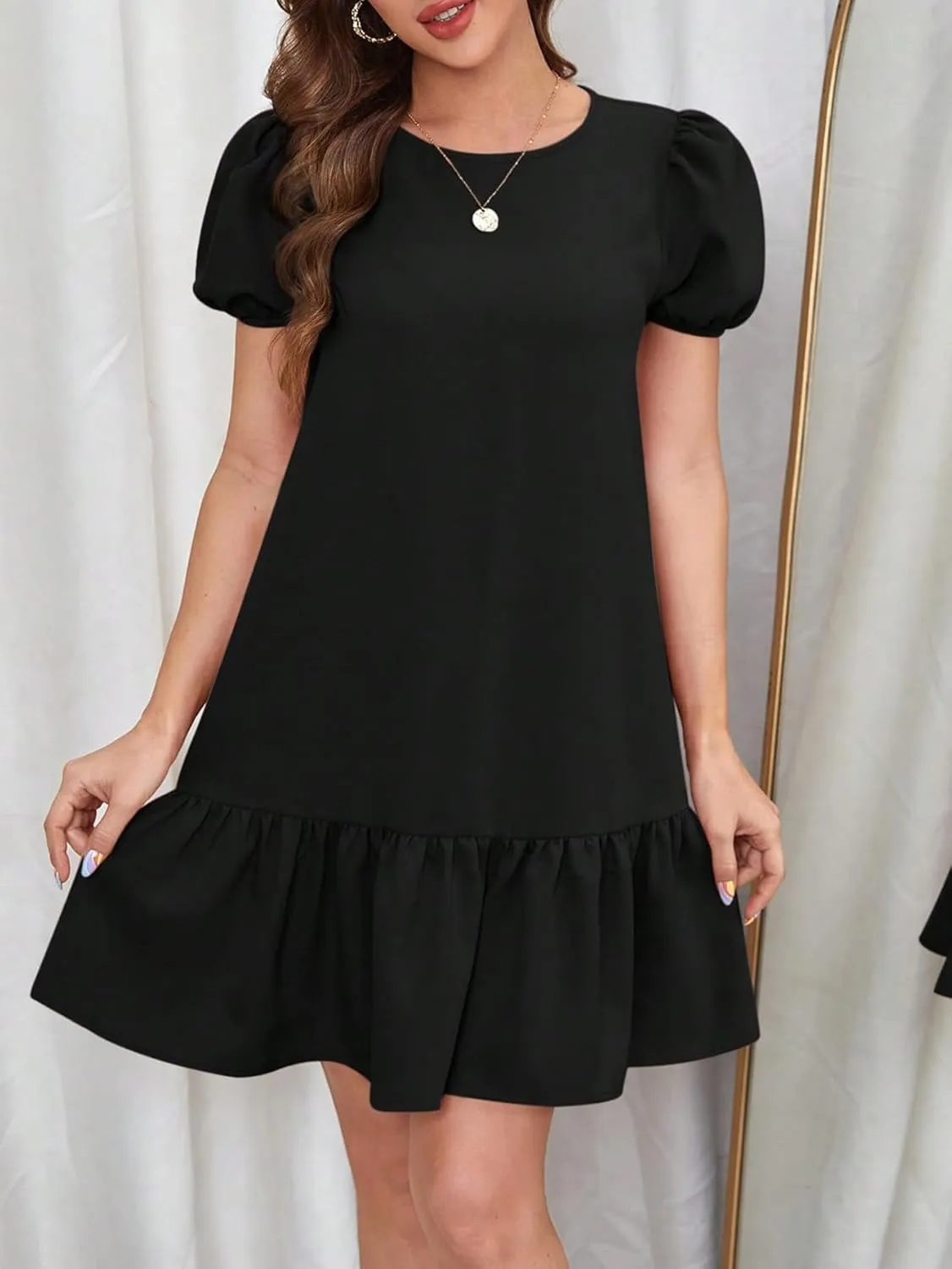 SweatyRocks Women's Short Puff Sleeve Ruffle Hem Mini Dress Casual Round Neck Solid Smock Dress