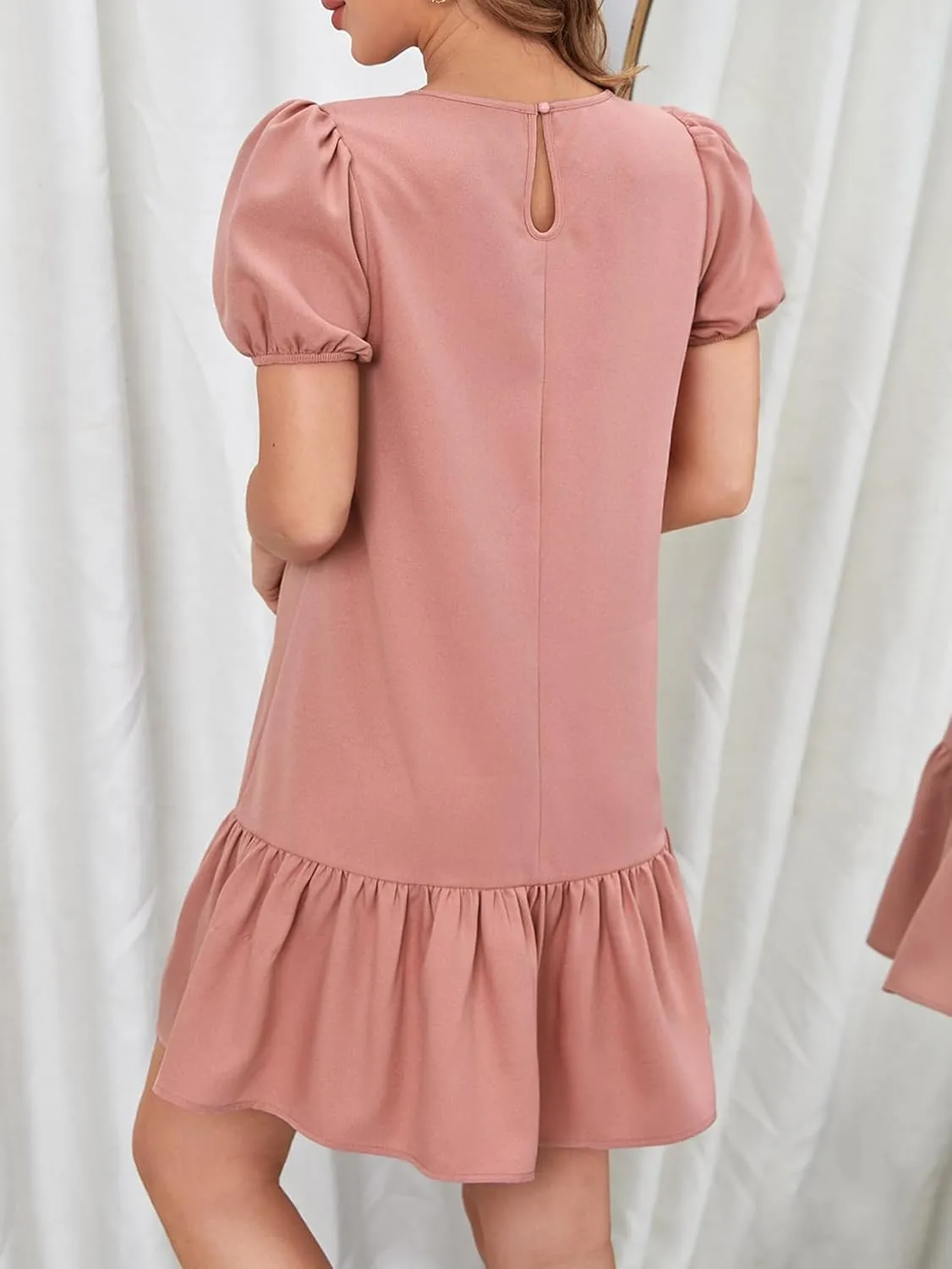 SweatyRocks Women's Short Puff Sleeve Ruffle Hem Mini Dress Casual Round Neck Solid Smock Dress